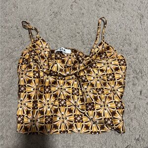Cowl Neck Floral Satin Crop Top in Brown & Yellow